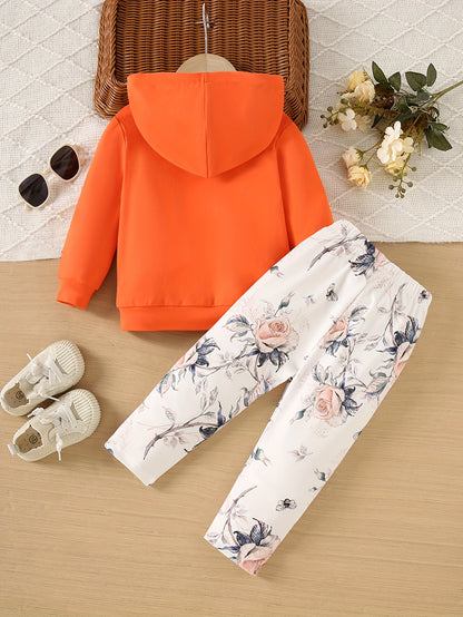 Baby Girl 2-Piece Pants Set Rose Flower Hooded Sweatshirt & Slim Print Trousers