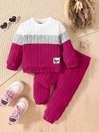 Baby Girl Pit Stripe Contrast Long Sleeve Top & Pants Winter Outfit