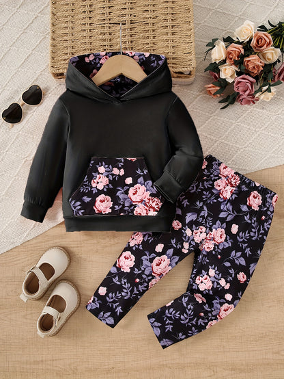 Baby Girl 2-Piece Pants Set Rose Flower Hooded Sweatshirt & Slim Print Trousers