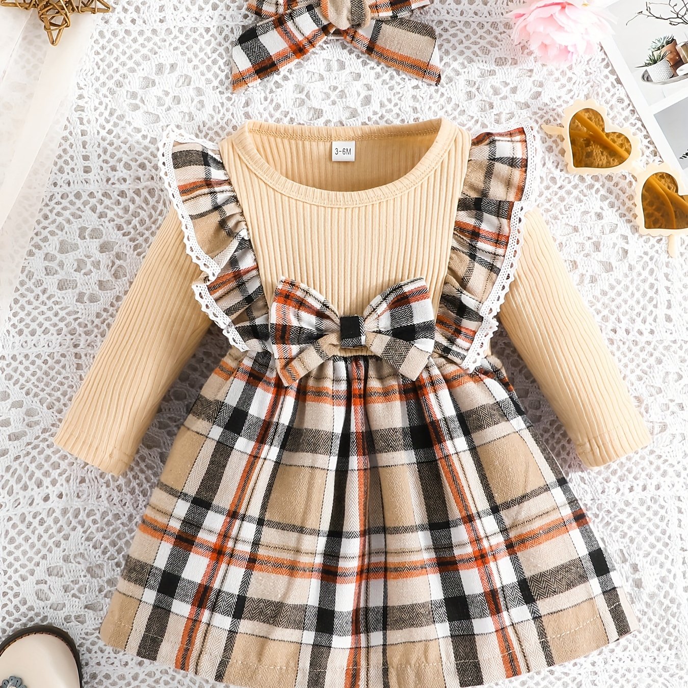 Baby Girl Ruffle Trim Plaid Long Sleeve Dress & Headband Set