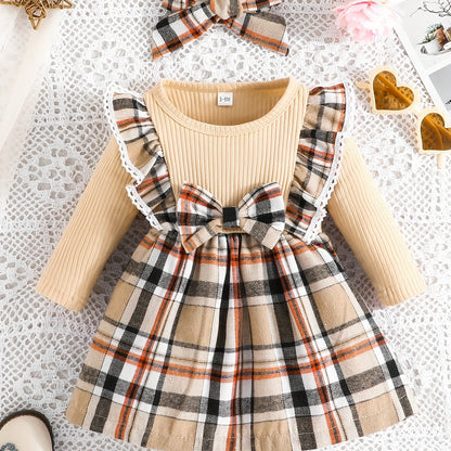 Baby Girl Ruffle Trim Plaid Long Sleeve Dress & Headband Set