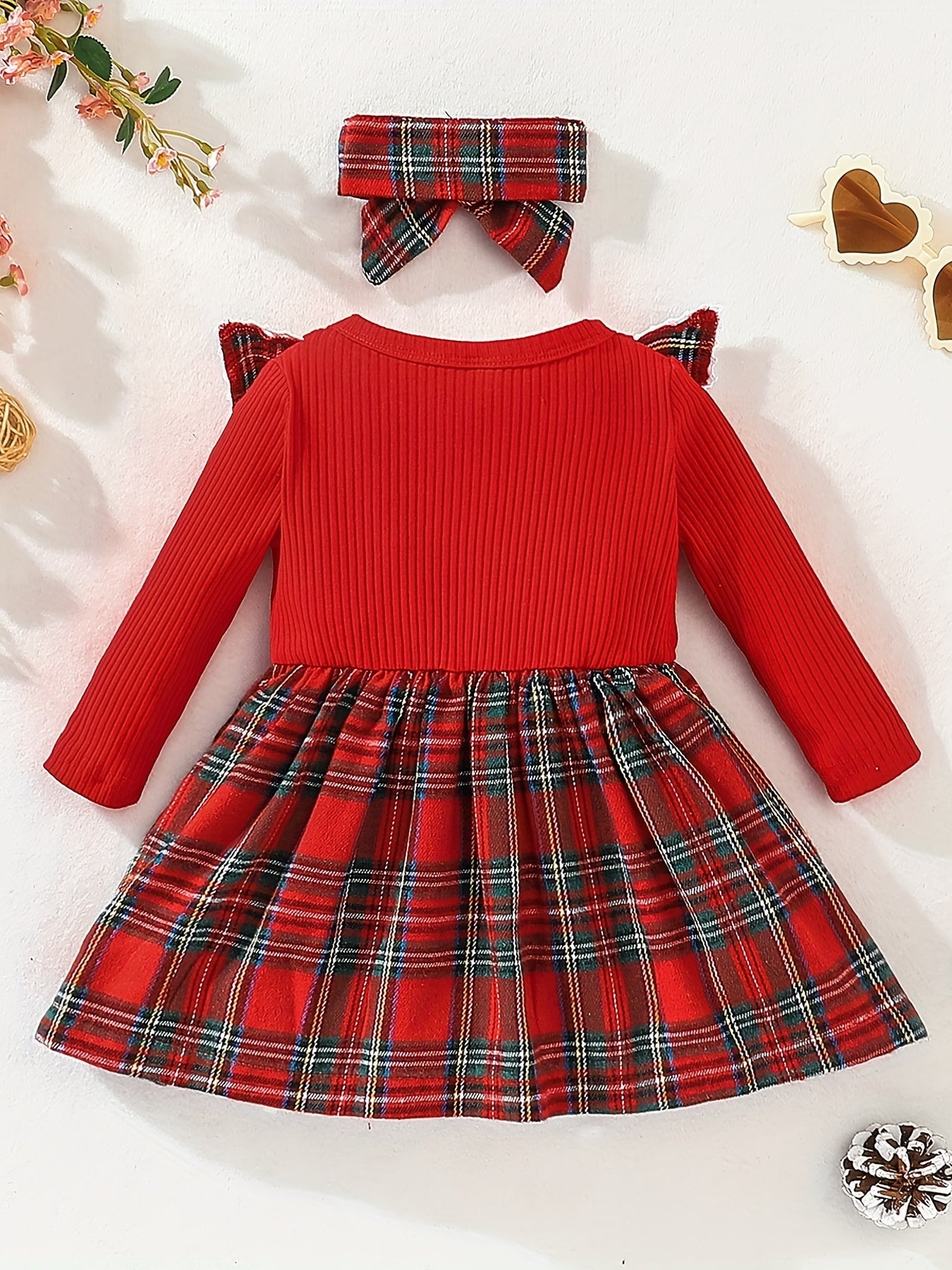 Baby Girl Ruffle Trim Plaid Long Sleeve Dress & Headband Set