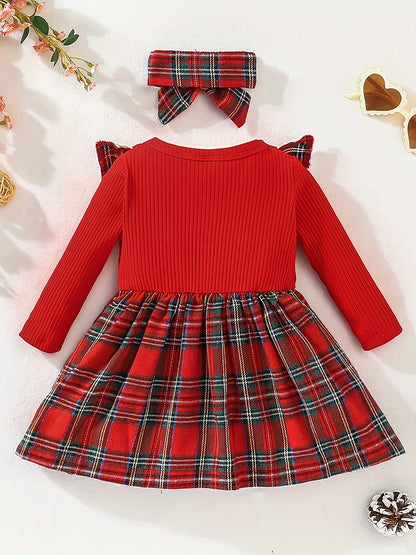 Baby Girl Ruffle Trim Plaid Long Sleeve Dress & Headband Set