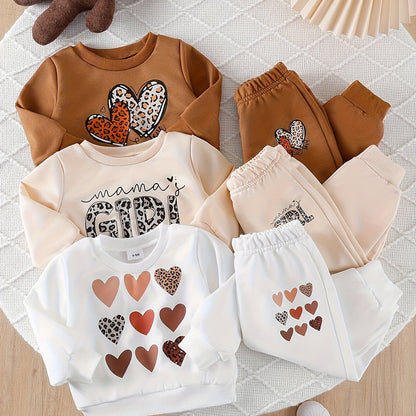 6-Piece Baby Girl Autumn Winter Outfit Leopard & Heart Print Pullover with Casual Pants