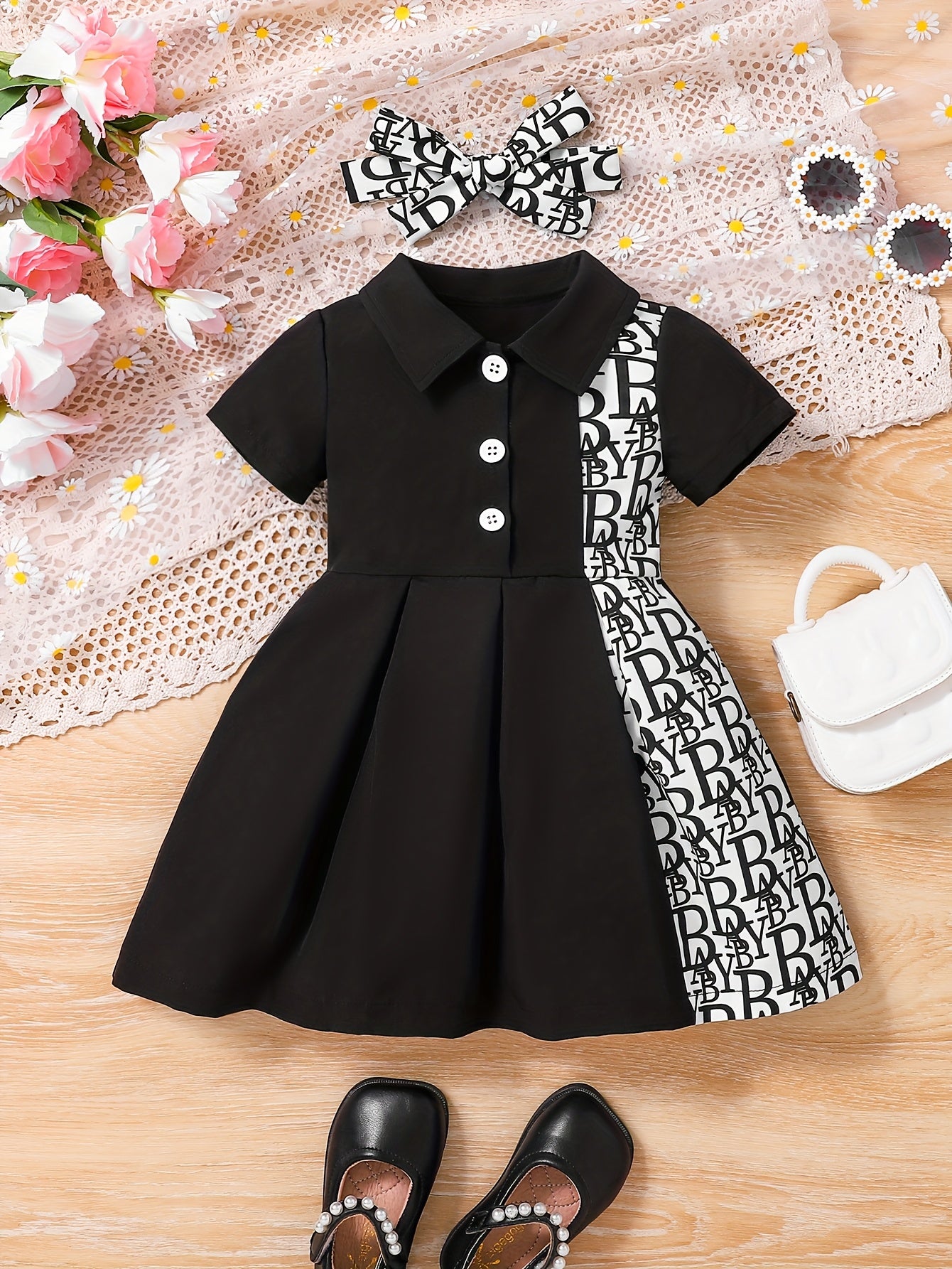 Baby Girl Summer Dress Short Sleeve Pleated Skirt with Headband Black & White Letter Print