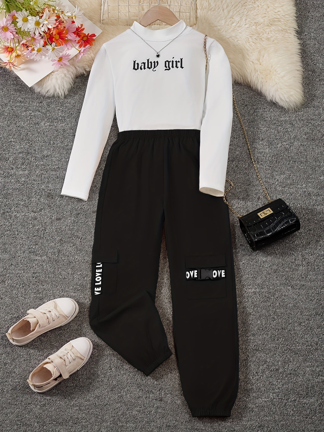2-Piece Baby Girl Color Clash Top & Cargo Pants Set Alphabet Print