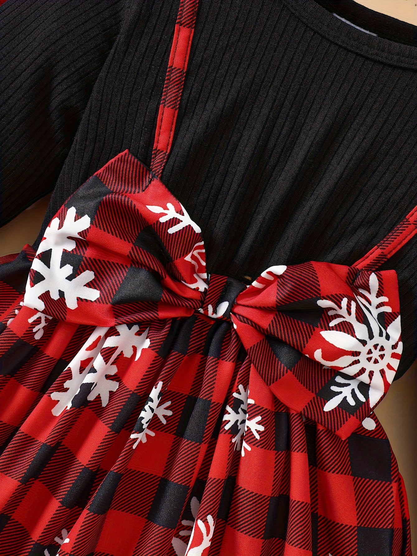 Baby Christmas Two-Piece Outfit Bow Snowflake Plaid Dress with Headscarf