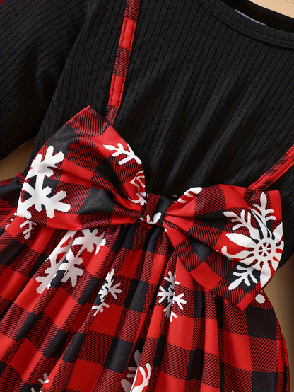 Baby Christmas Two-Piece Outfit Bow Snowflake Plaid Dress with Headscarf