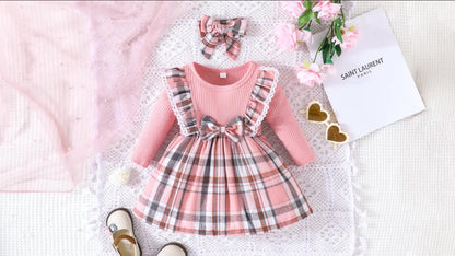 Baby Girl Ruffle Trim Plaid Long Sleeve Dress & Headband Set