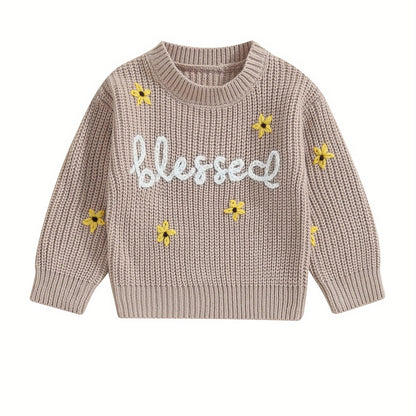 Baby Girls Autumn Winter Knit Sweater Floral Letter Embroidery Pullover