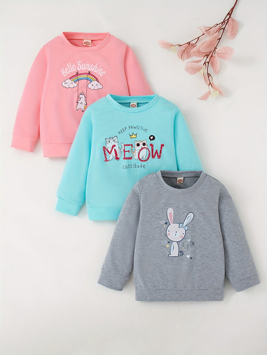 3 Pcs Baby Girl Cartoon Print Sweatshirt Rabbit Unicorn Kitten