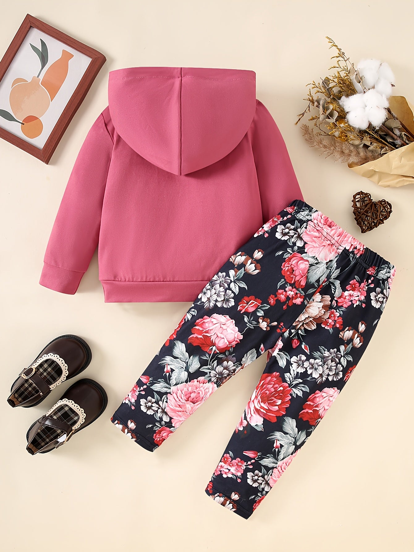 Baby Girl 2-Piece Pants Set Rose Flower Hooded Sweatshirt & Slim Print Trousers