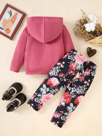 Baby Girl 2-Piece Pants Set Rose Flower Hooded Sweatshirt & Slim Print Trousers