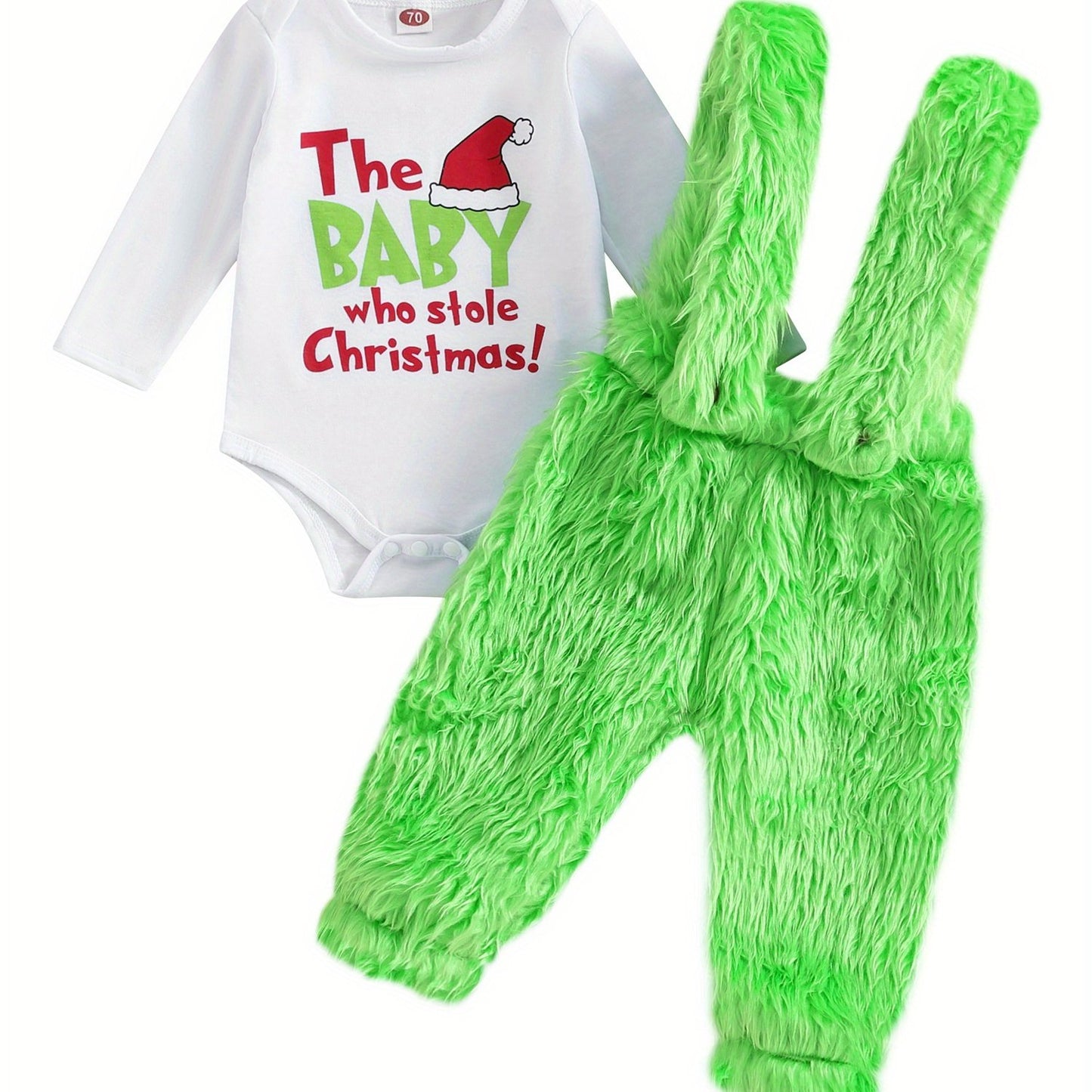 Infant Baby Christmas Outfit Letter Print Romper with Plush Furry Suspender Pants