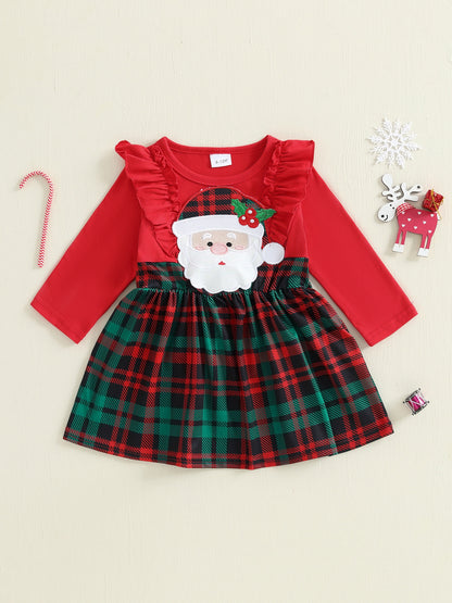 Baby Girl Christmas Dress with Santa Hat Plaid Skirt Long Sleeve A-Line Outfit