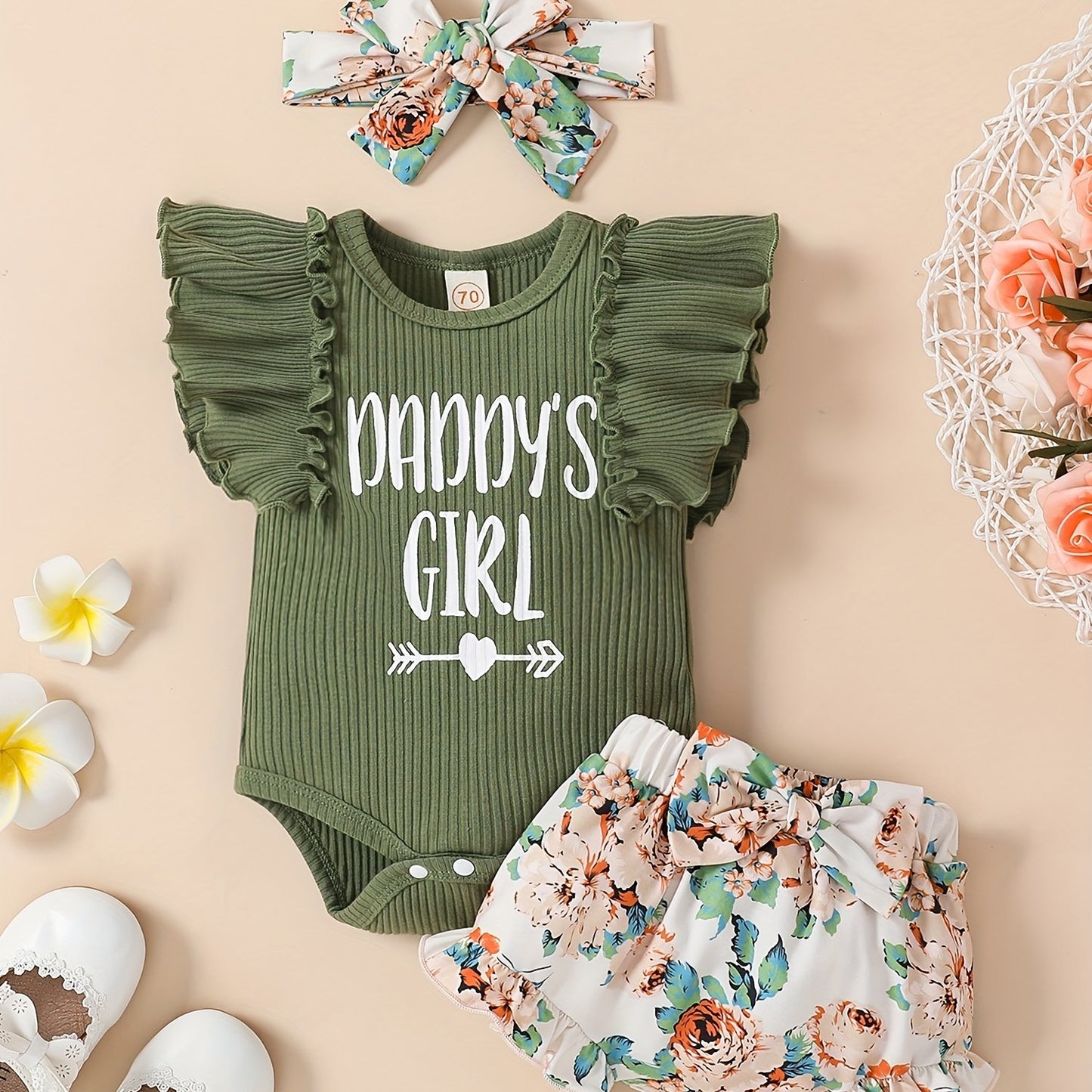 3 Pcs Baby Girl "Daddy's Girl" Ruffle Sleeve Onesie, Floral Shorts & Headband Set