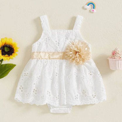 White Sleeveless Baby Girl Romper Dress 3D Floral Skirt Hem Golden Belt Summer Outfit
