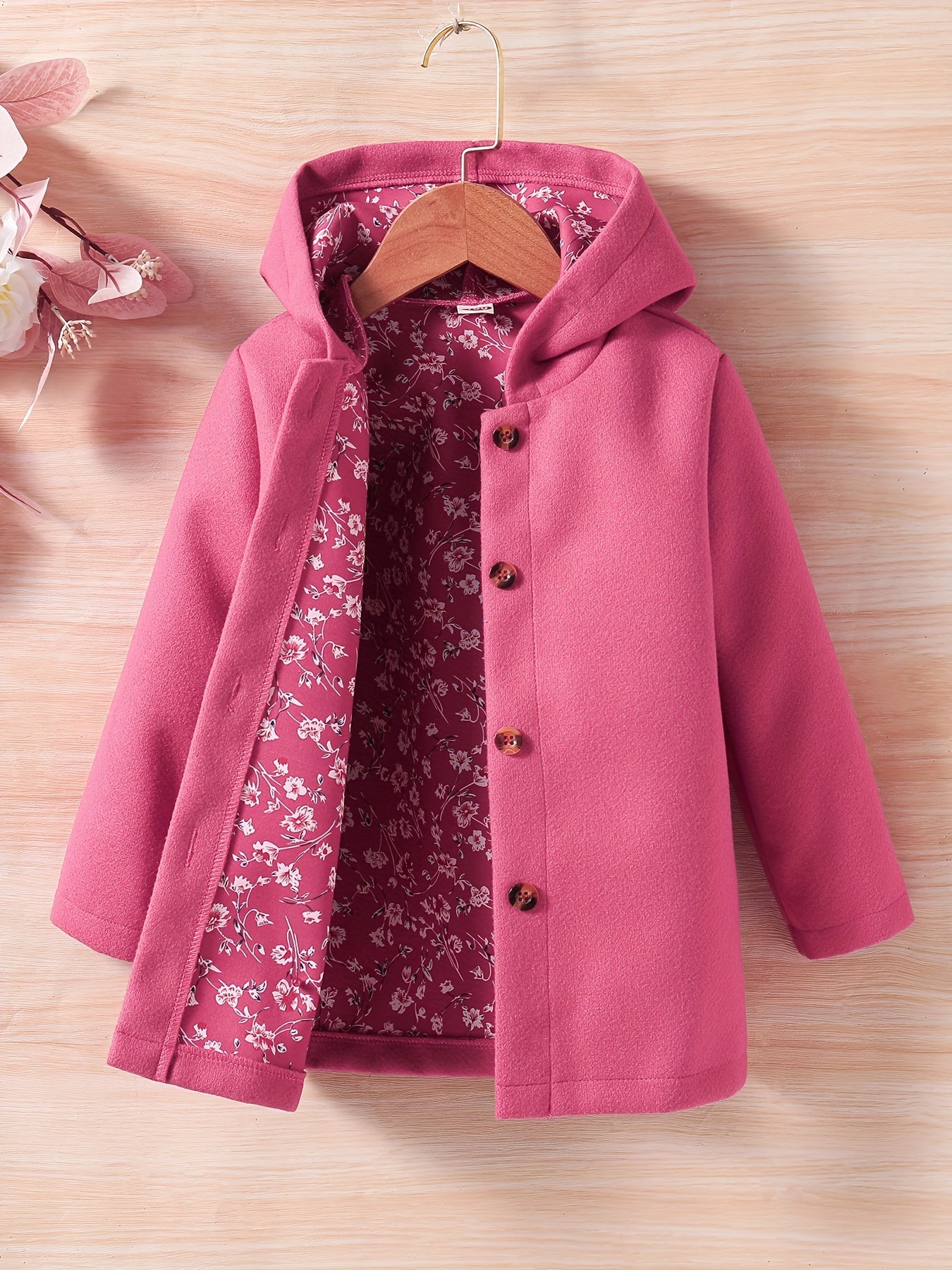Baby Girl Hooded Coat Floral Print Button Design Autumn Winter