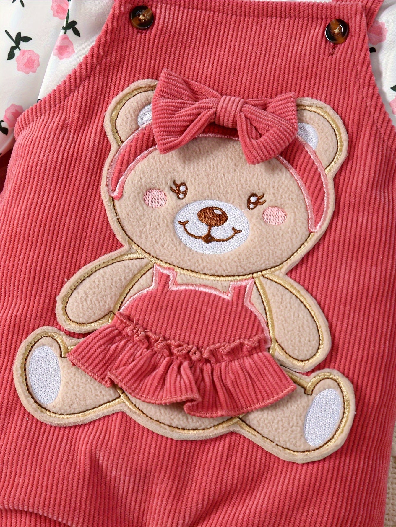 2 Pcs Baby Girl Outfit Floral Long Sleeve Jumpsuit with Teddy Bear Corduroy Pants & Headband