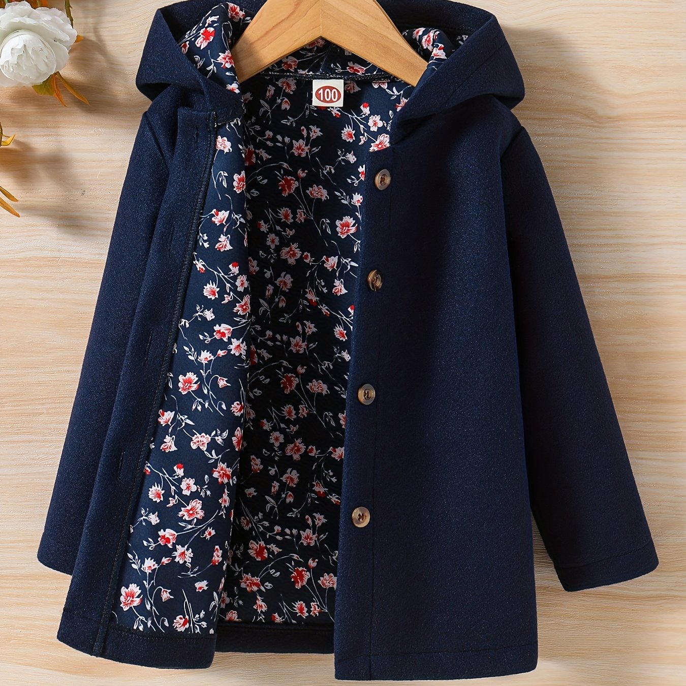Baby Girl Hooded Coat Floral Print Button Design Autumn Winter