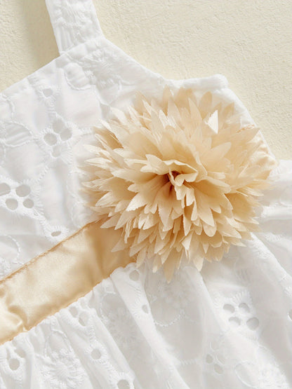 White Sleeveless Baby Girl Romper Dress 3D Floral Skirt Hem Golden Belt Summer Outfit