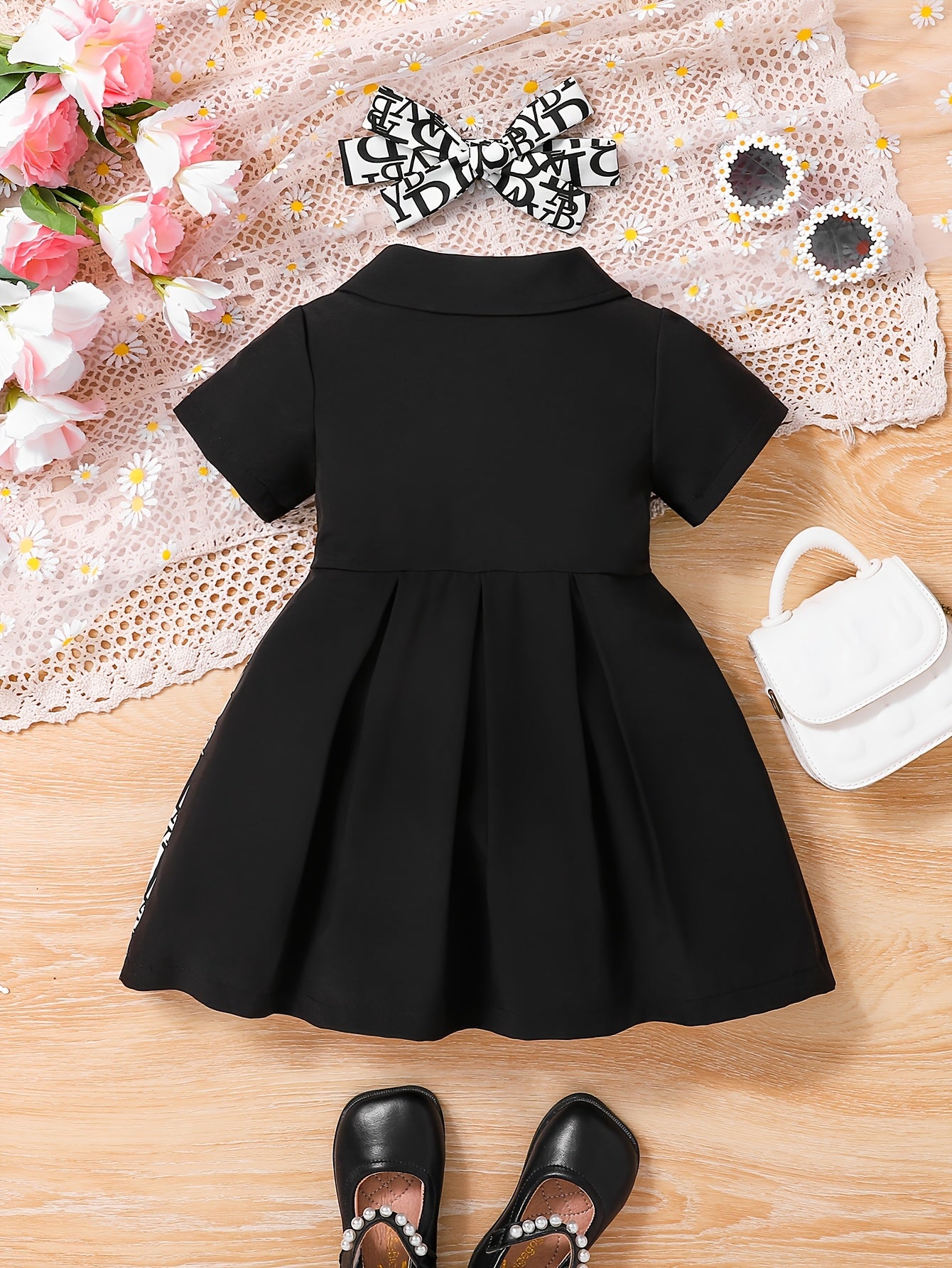 Baby Girl Summer Dress Short Sleeve Pleated Skirt with Headband Black & White Letter Print