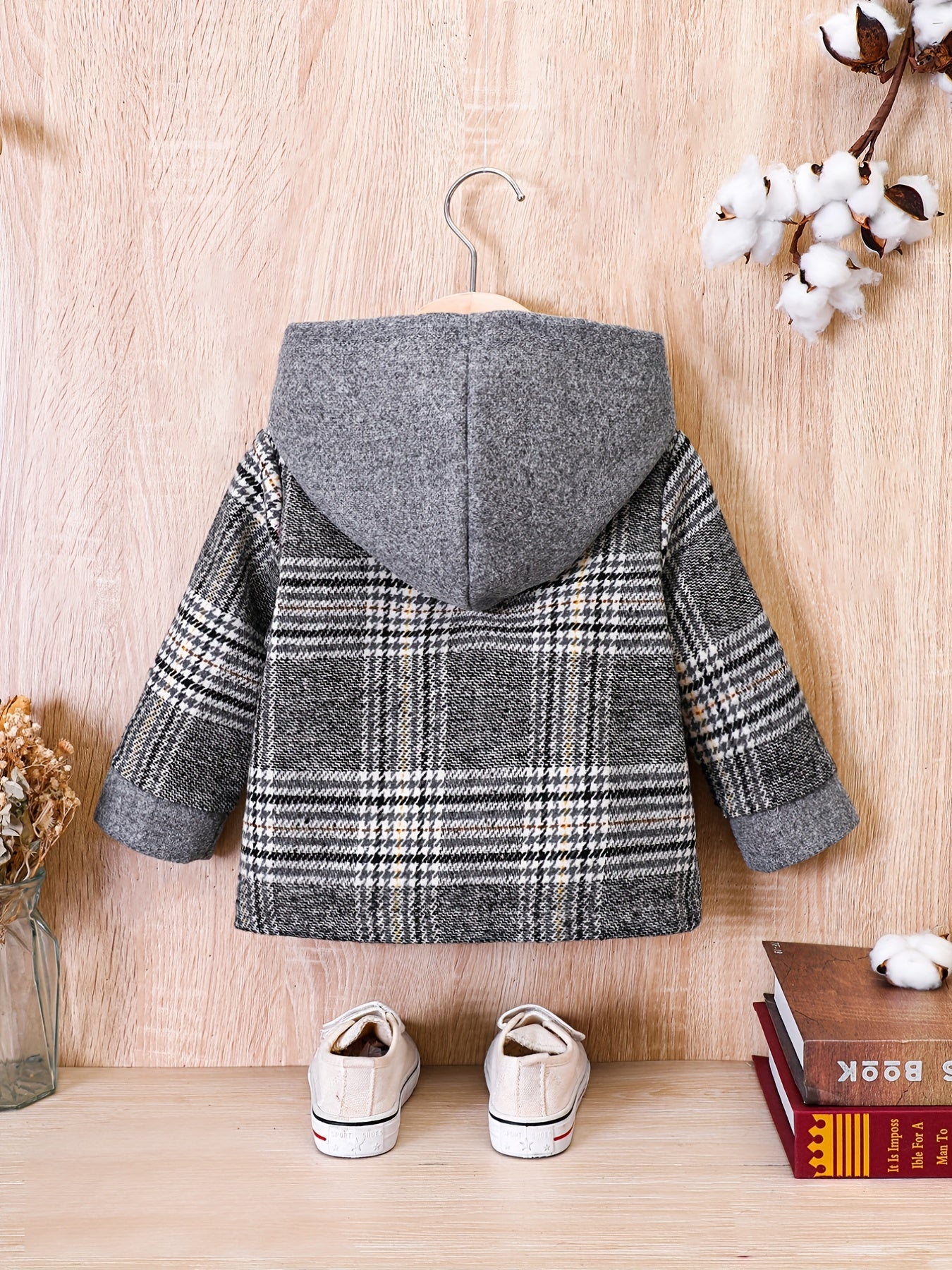 Baby Boy Plaid Tweed Coat with Hood Brown & Beige Check Fall/Winter Outerwear