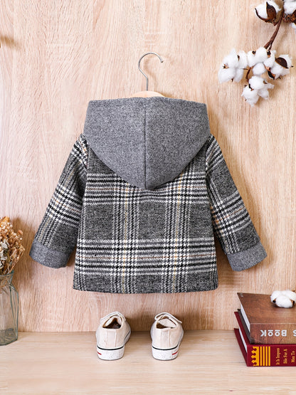 Baby Boy Plaid Tweed Coat with Hood Brown & Beige Check Fall/Winter Outerwear