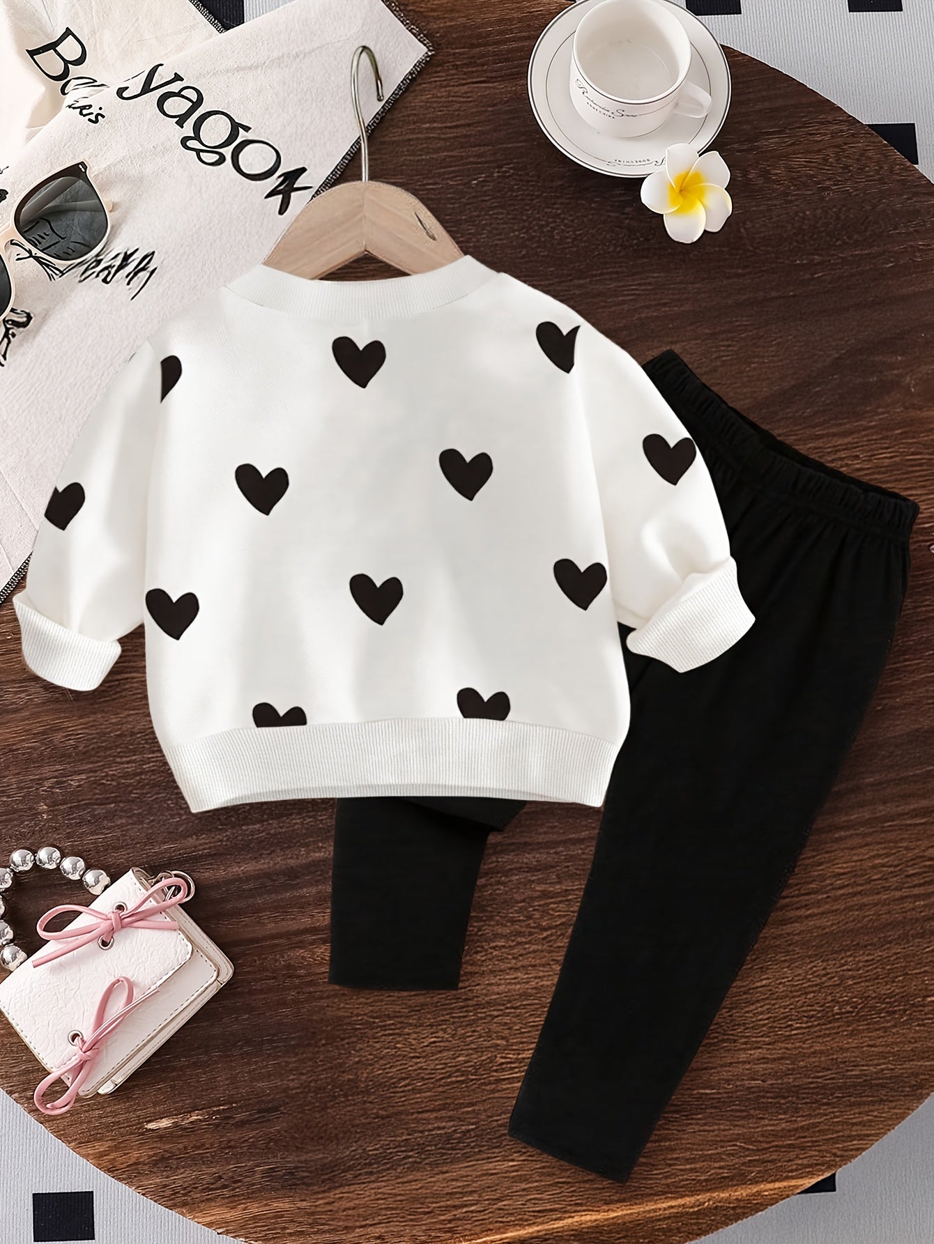 2-Pack Baby Girl Long Sleeve Trousers Set Heart Print Top & Elastic Waist Pants