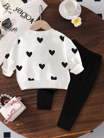2-Pack Baby Girl Long Sleeve Trousers Set Heart Print Top & Elastic Waist Pants