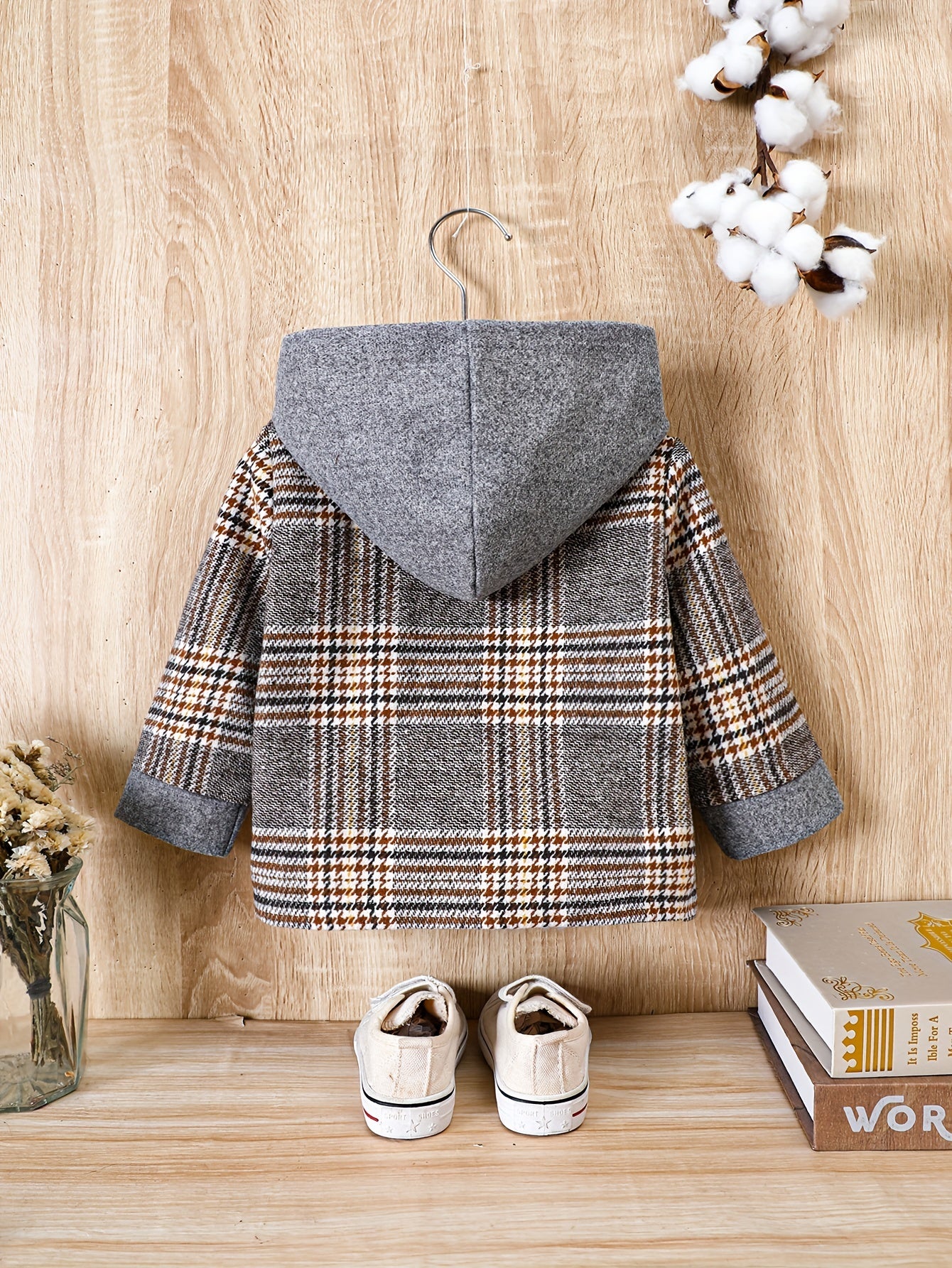 Baby Boy Plaid Tweed Coat with Hood Brown & Beige Check Fall/Winter Outerwear