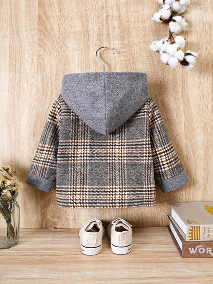 Baby Boy Plaid Tweed Coat with Hood Brown & Beige Check Fall/Winter Outerwear