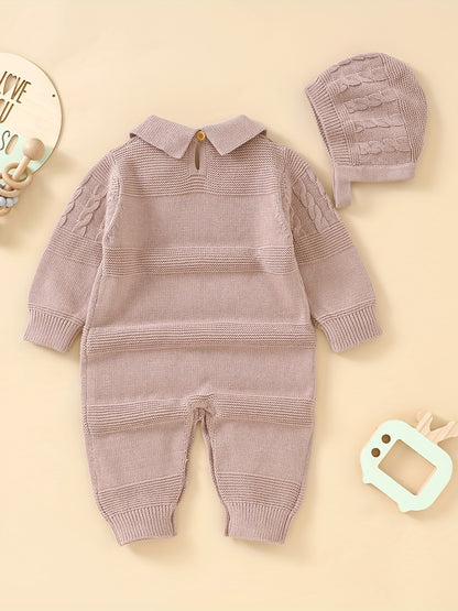 Unisex Infant Romper, Cotton Knit Gentleman Style Lapel Baby Jumpsuit With Hat Set