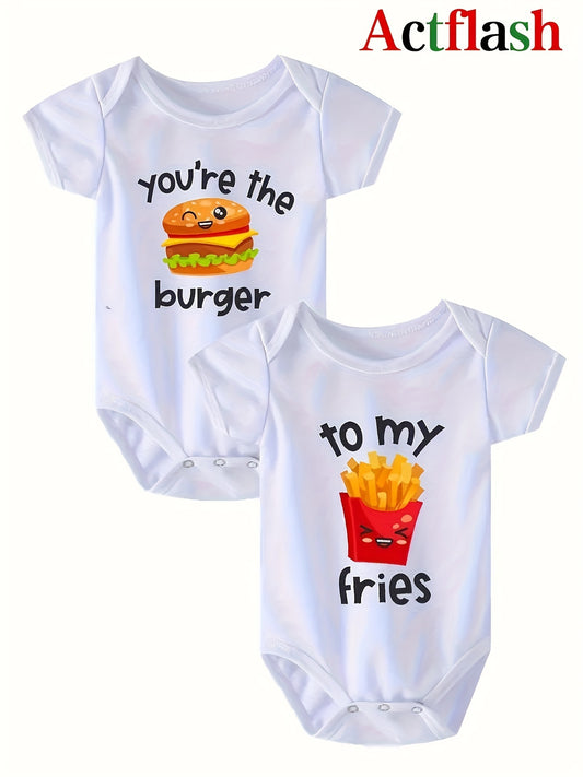 2 Pcs Baby Onesie Set Hamburger & Fries Graphic Print Short Sleeve