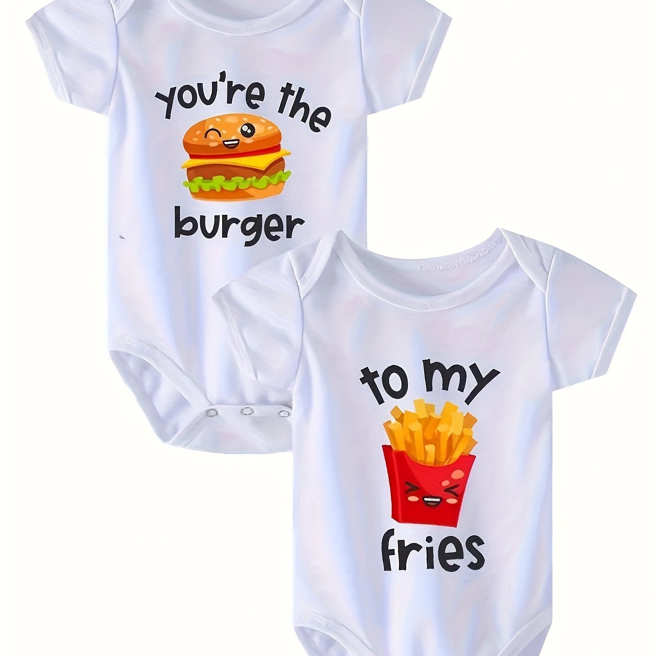 2 Pcs Baby Onesie Set Hamburger & Fries Graphic Print Short Sleeve