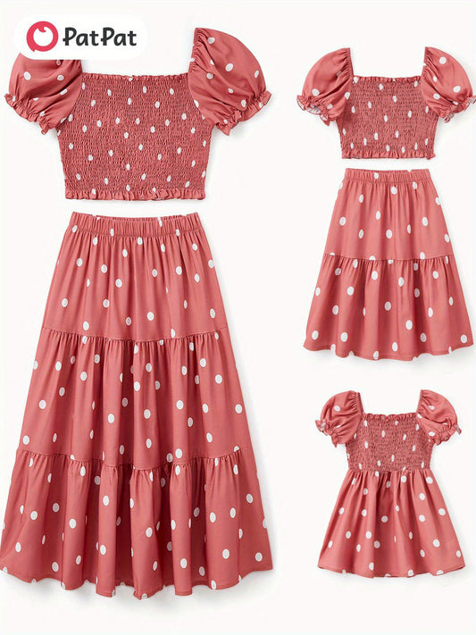 1/2 Pcs Family Coordinated Polka Dot Outfit Baby Girl Shirred Top & A-Line Skirt