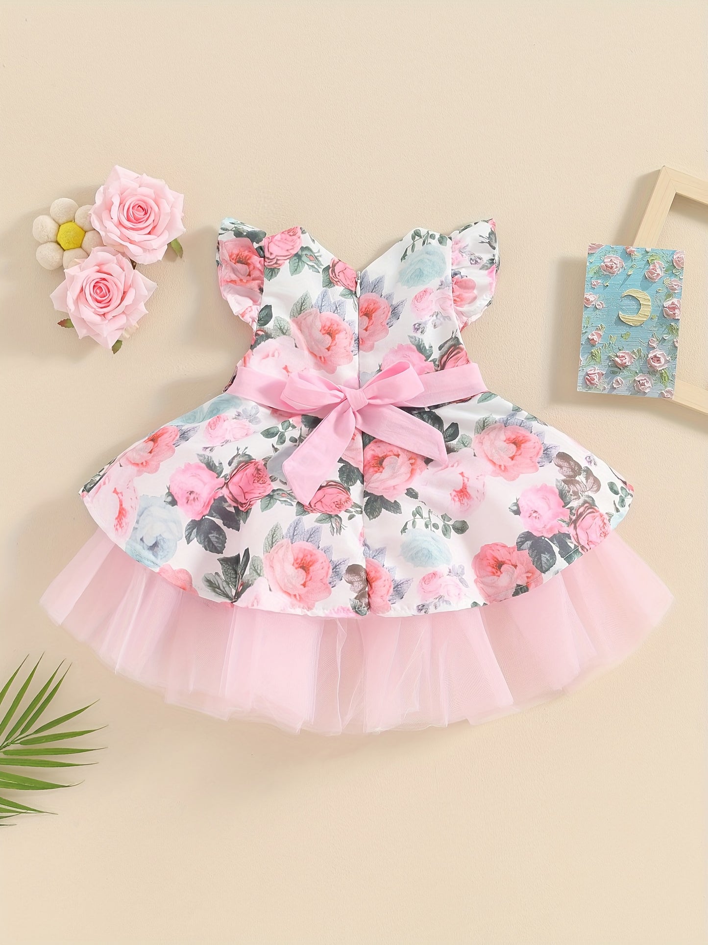 Baby Girls Princess Tutu Dress Lace Patchwork Flying Sleeve Bowknot Floral Print Summer Wedding Birthday Outfit