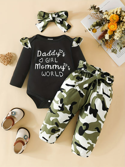 Baby Girls Cute Letter For Love Print Long Sleeve Creeper Romper + Camouflage Trousers + Headwear 3pcs Set, Outdoor Cloth