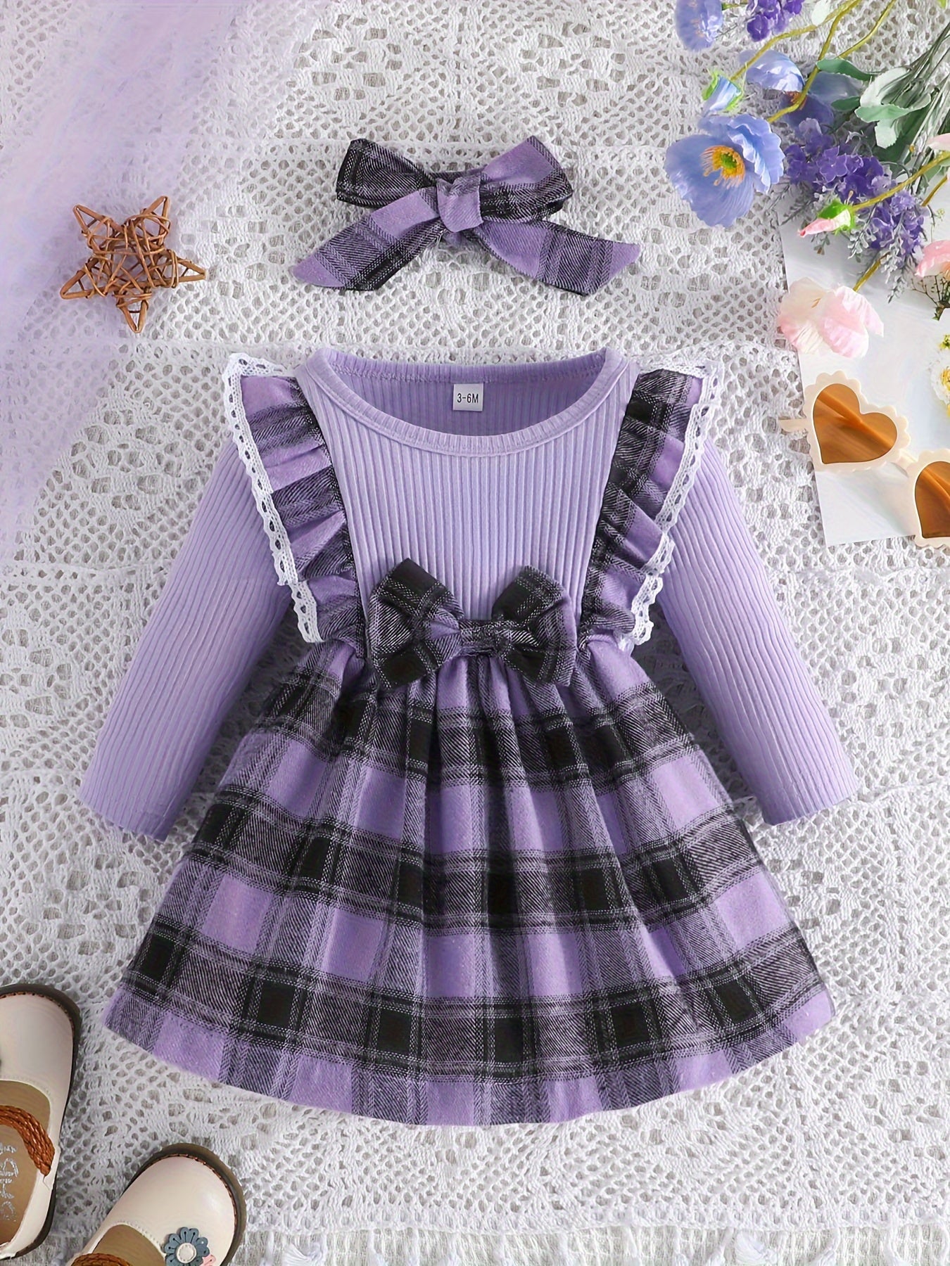 Baby Girl Ruffle Trim Plaid Long Sleeve Dress & Headband Set