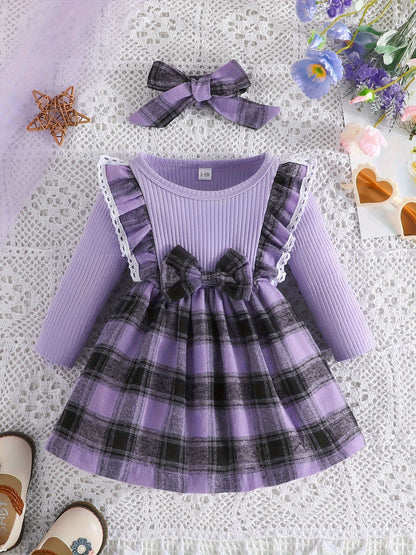 Baby Girl Ruffle Trim Plaid Long Sleeve Dress & Headband Set
