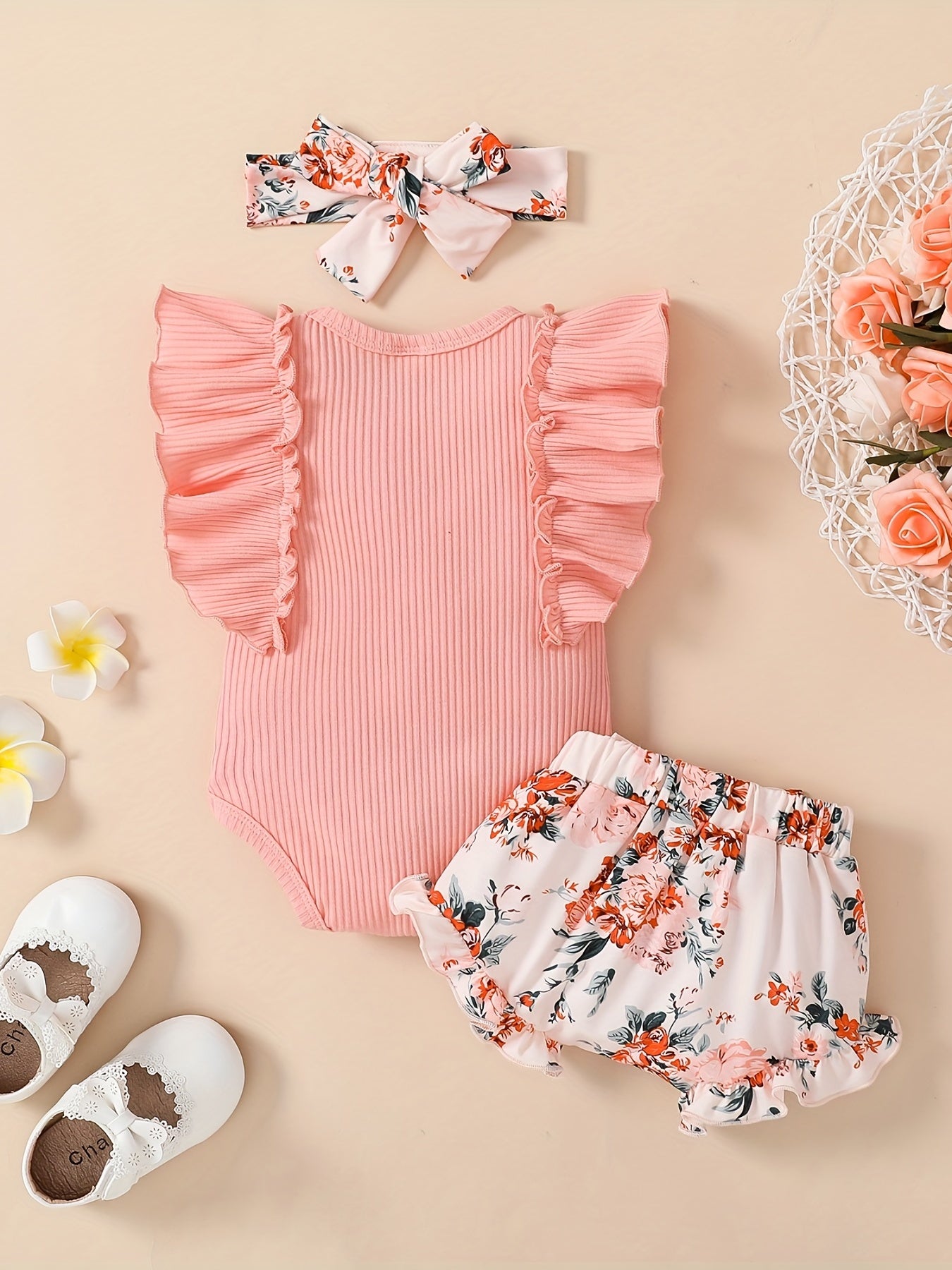 3 Pcs Baby Girl "Daddy's Girl" Ruffle Sleeve Onesie, Floral Shorts & Headband Set