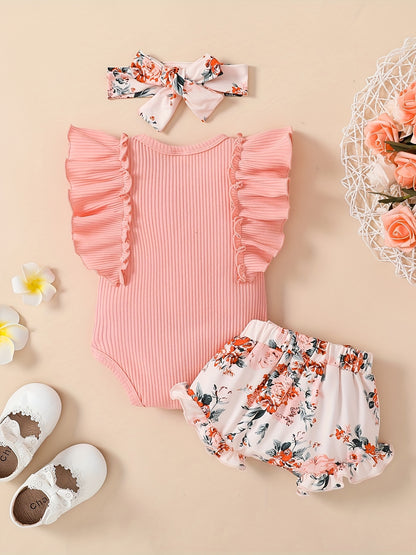 3 Pcs Baby Girl "Daddy's Girl" Ruffle Sleeve Onesie, Floral Shorts & Headband Set