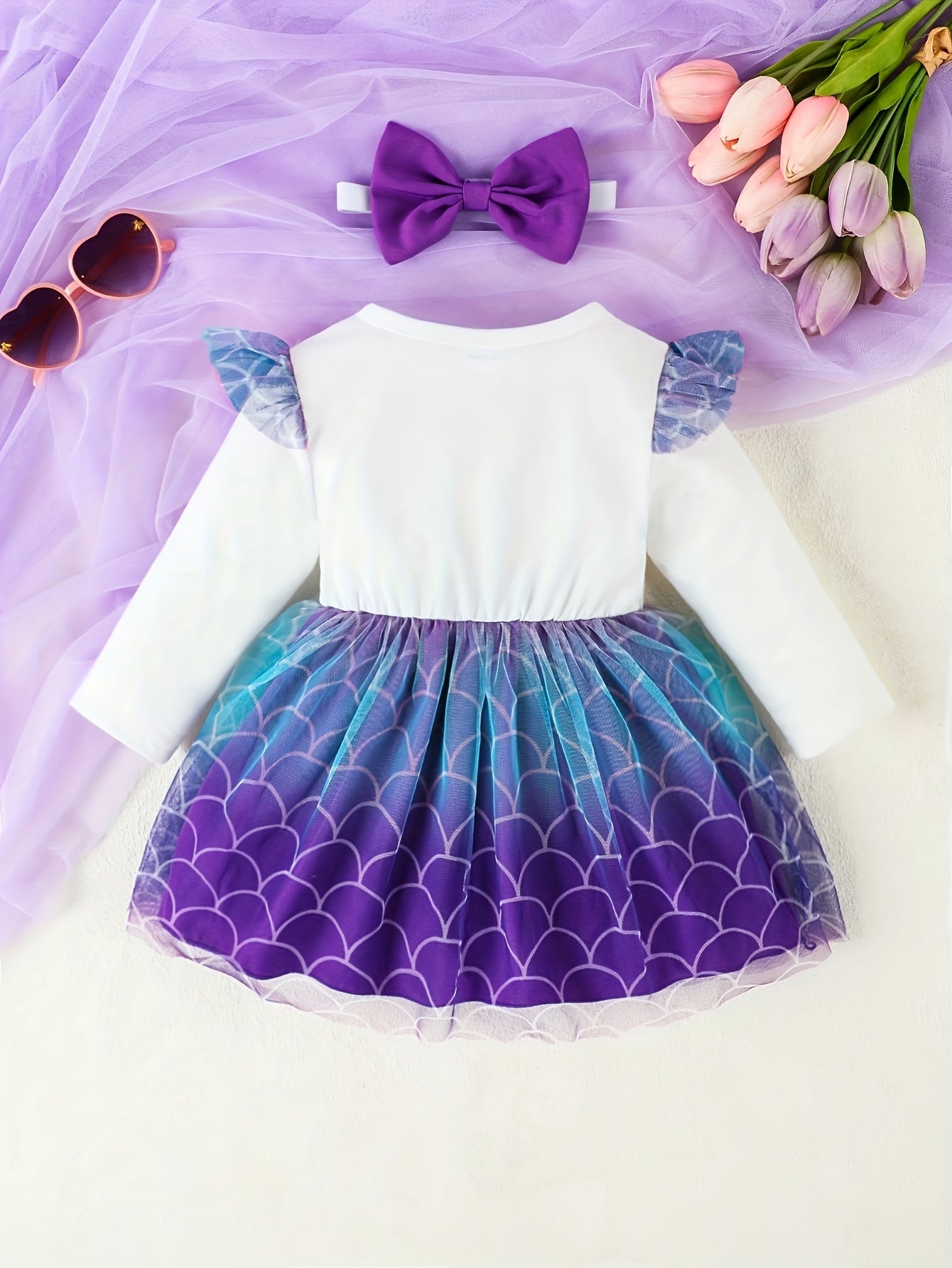 Baby Girl Long Sleeve Birthday Dress Color Block Purple & Blue Scales Knee-Length