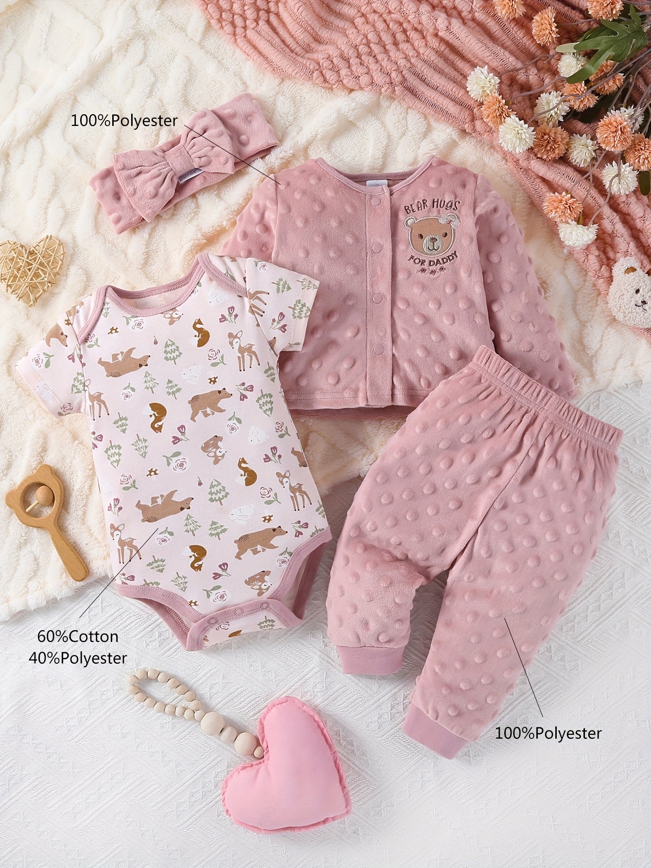4 Pcs Baby Girl Triangular Jumpsuit Set Cartoon Bear Velvet Long Sleeve Pants & Hair Tie