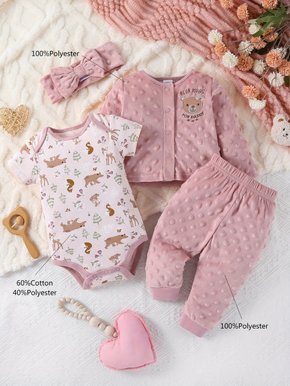 4 Pcs Baby Girl Triangular Jumpsuit Set Cartoon Bear Velvet Long Sleeve Pants & Hair Tie