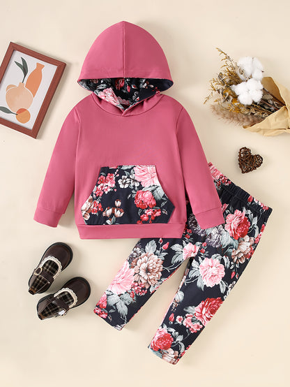 Baby Girl 2-Piece Pants Set Rose Flower Hooded Sweatshirt & Slim Print Trousers