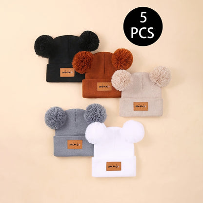 5 Pack Baby Winter Knit Hats with Pom Poms Unisex Toddler Beanies 0-3 Years