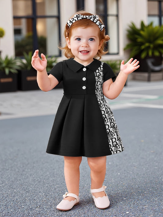 Baby Girl Summer Dress Short Sleeve Pleated Skirt with Headband Black & White Letter Print