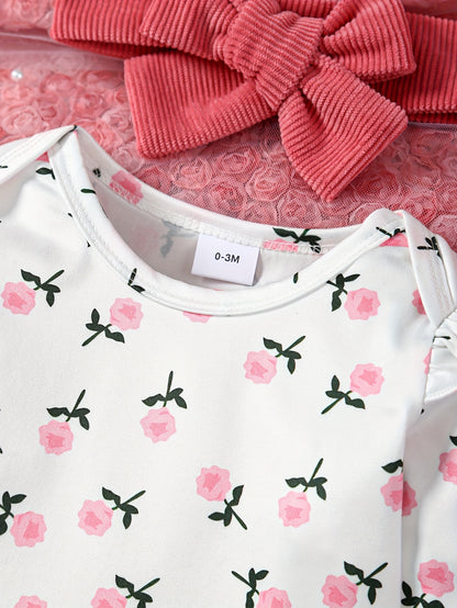 2 Pcs Baby Girl Outfit Floral Long Sleeve Jumpsuit with Teddy Bear Corduroy Pants & Headband