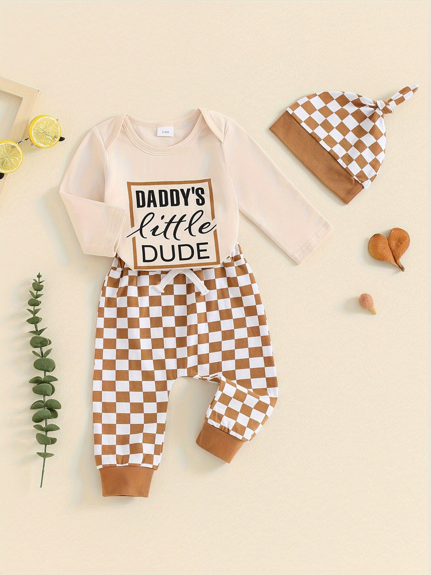 Baby Boy 3-Piece Outfit Letter Print Long Sleeve Romper Pants & Hat